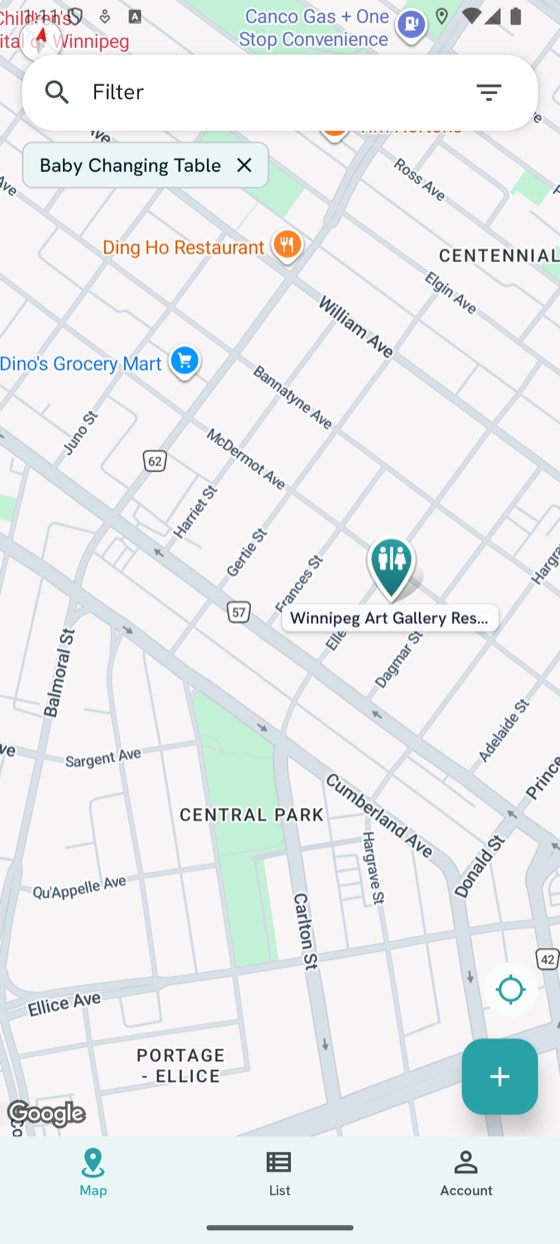The Tinklestop app on a phone, showing a map of nearby restrooms with a teal pin marking the Winnipeg Art Gallery restroom